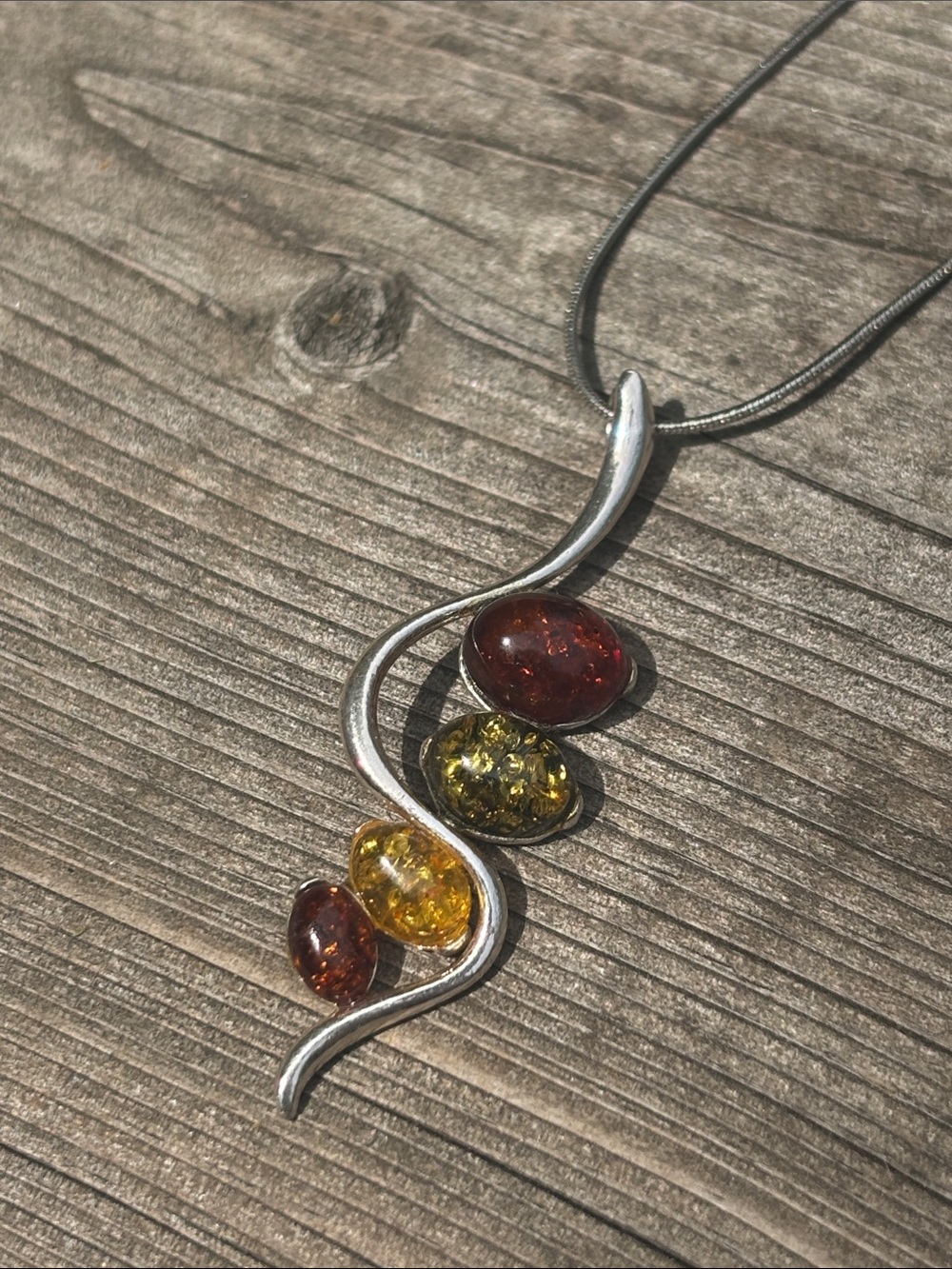 Sterling Silver Amber Drop Necklace in Red and Amber